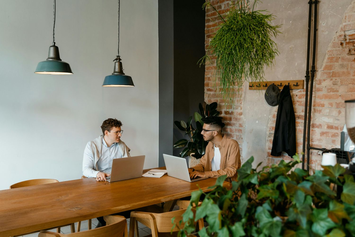 ambiente com mesa de reuniões e plantas para escritório
