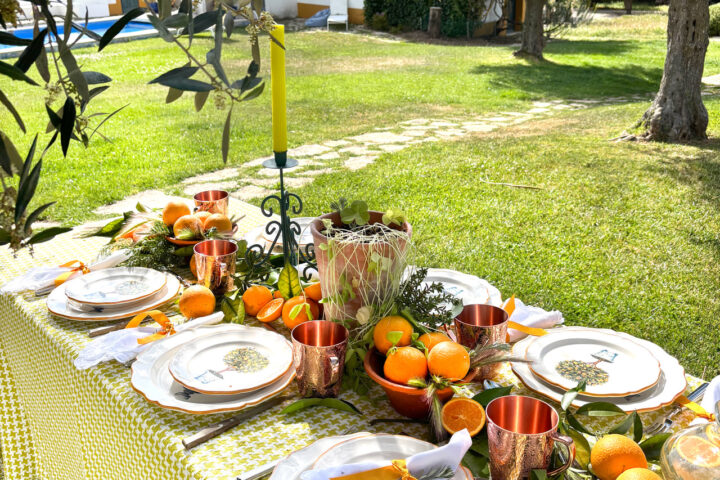 decoração de mesa para jantar ou almoço no exterior